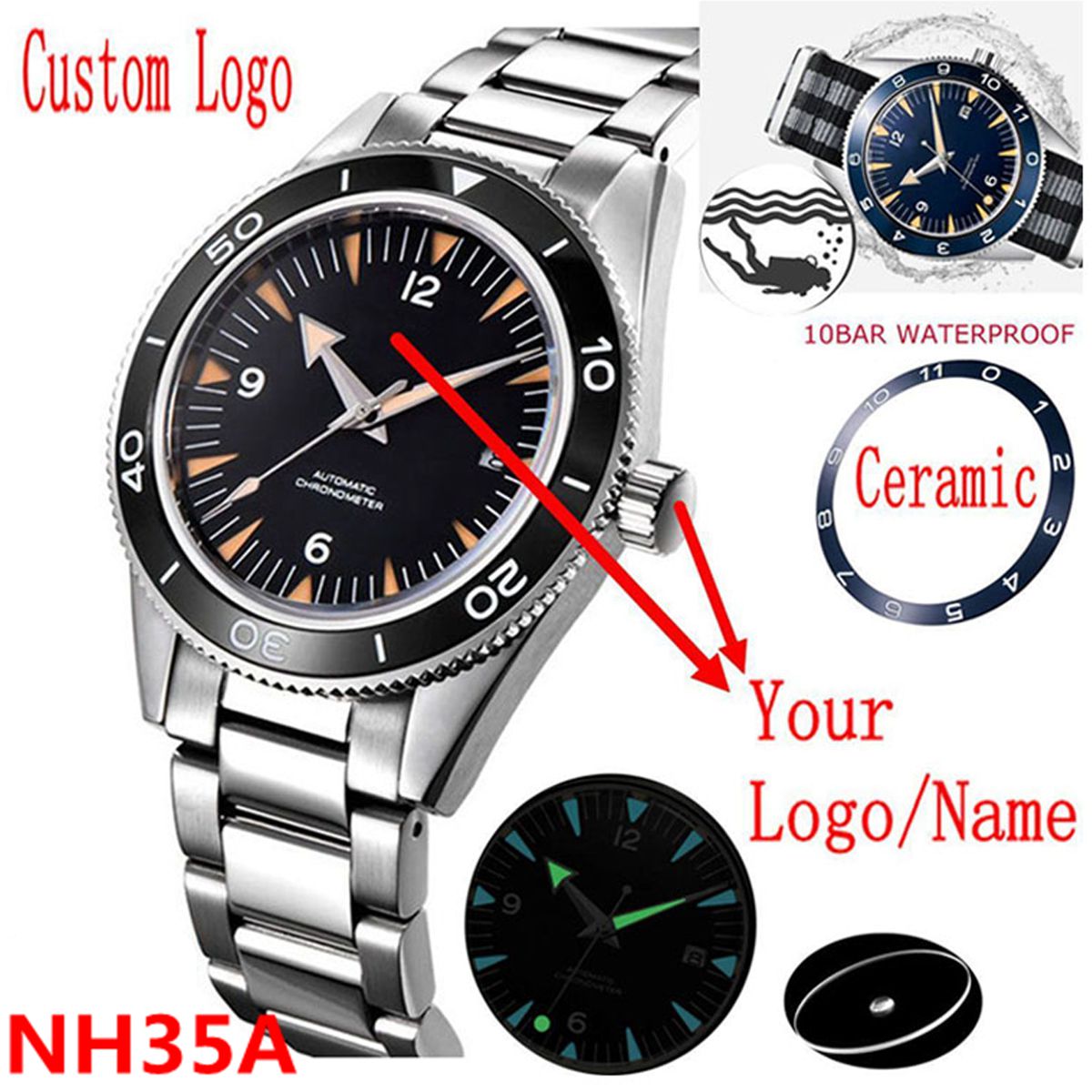 Mens Mechanical Watch - Benutzerdefinierte Logo NH35 Bewegung Uhr 10bars
