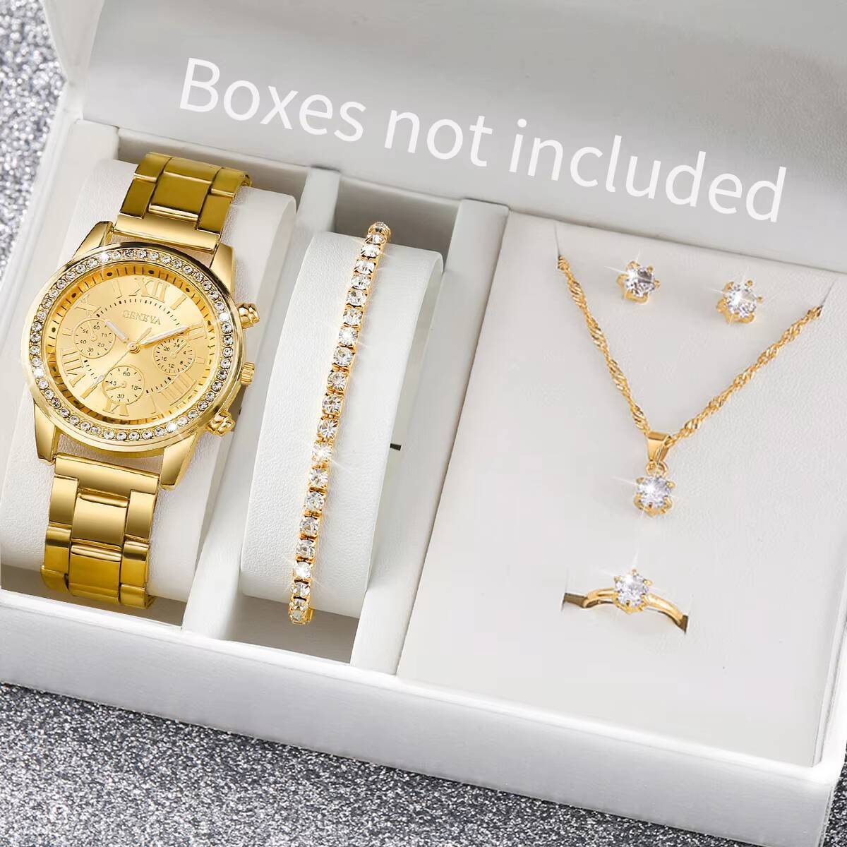 Jewelry Like Watches - 6 Stück/Set Mode-Strass-Damenuhren, analoge Quarz-Armbanduhr, Schmuckset,