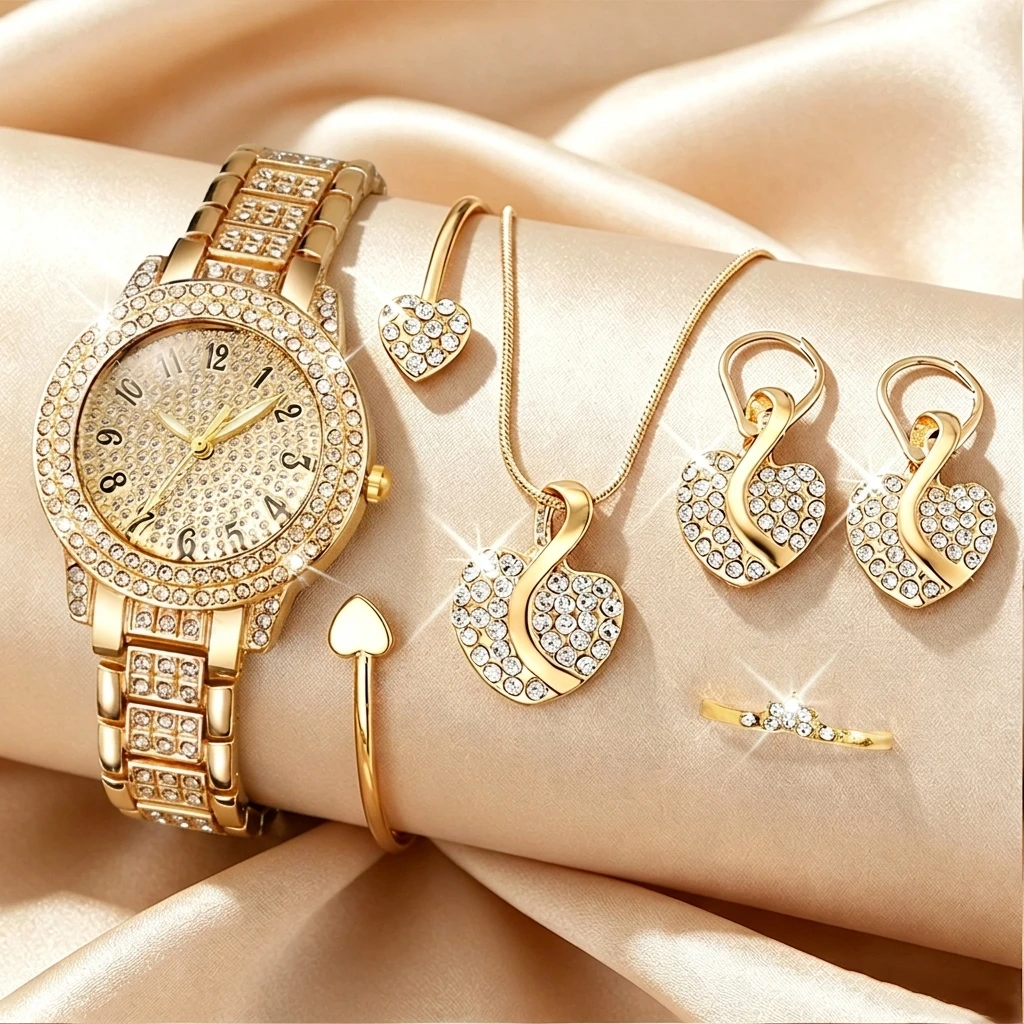 Jewelry Like Watches - 6-teiliges Modisches Strass-Uhrenset für Damen Herz-Schmuckset