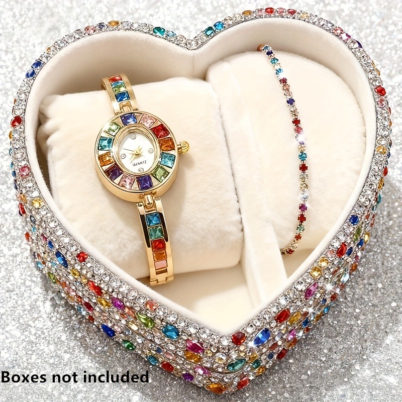 Jewelry Like Watches - 2-teiliges elegantes, farbenfrohes Strass-Quarzuhr-Armband-Set für Damen,