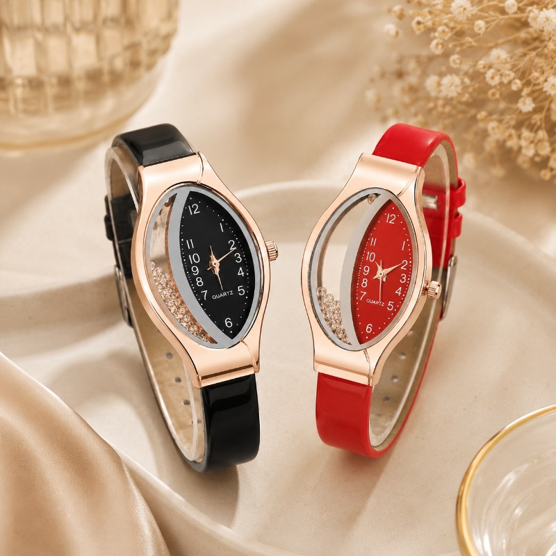 Unique Jewelry Watches - Einzigartige ovale Damenuhren, luxuriöses Diamant-Zifferblatt, Lederarmband,